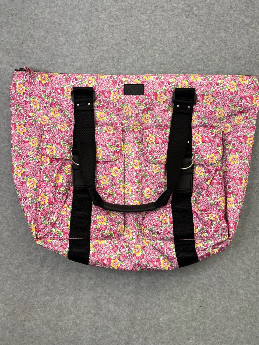 Lauren Ralph Lauren Pink Yellow Tote Saddle Handbag Beach Travel Carryon